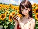 A woman in a field of sunflowers holding a bunch of flowers.