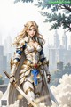 A woman in armor holding a sword in front of a city.