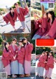 A group of women in red kimonos posing for a picture.