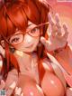 Anime girl with red hair and glasses posing for the camera.