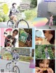 A collage of photos of a woman riding a bike.