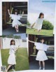 A collage of photos of a woman in a white shirt and skirt.